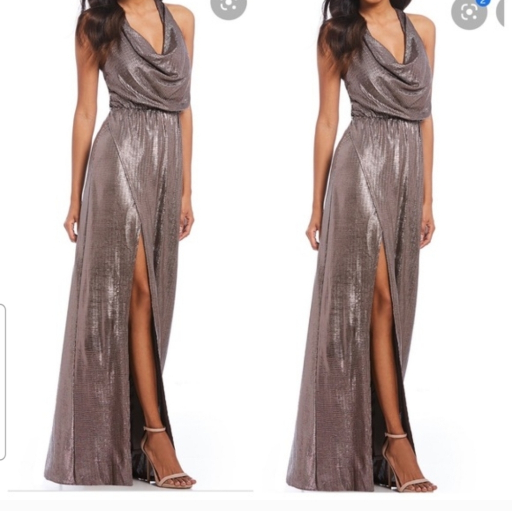 H Halston Golden Taupe Maxi Gown Size L